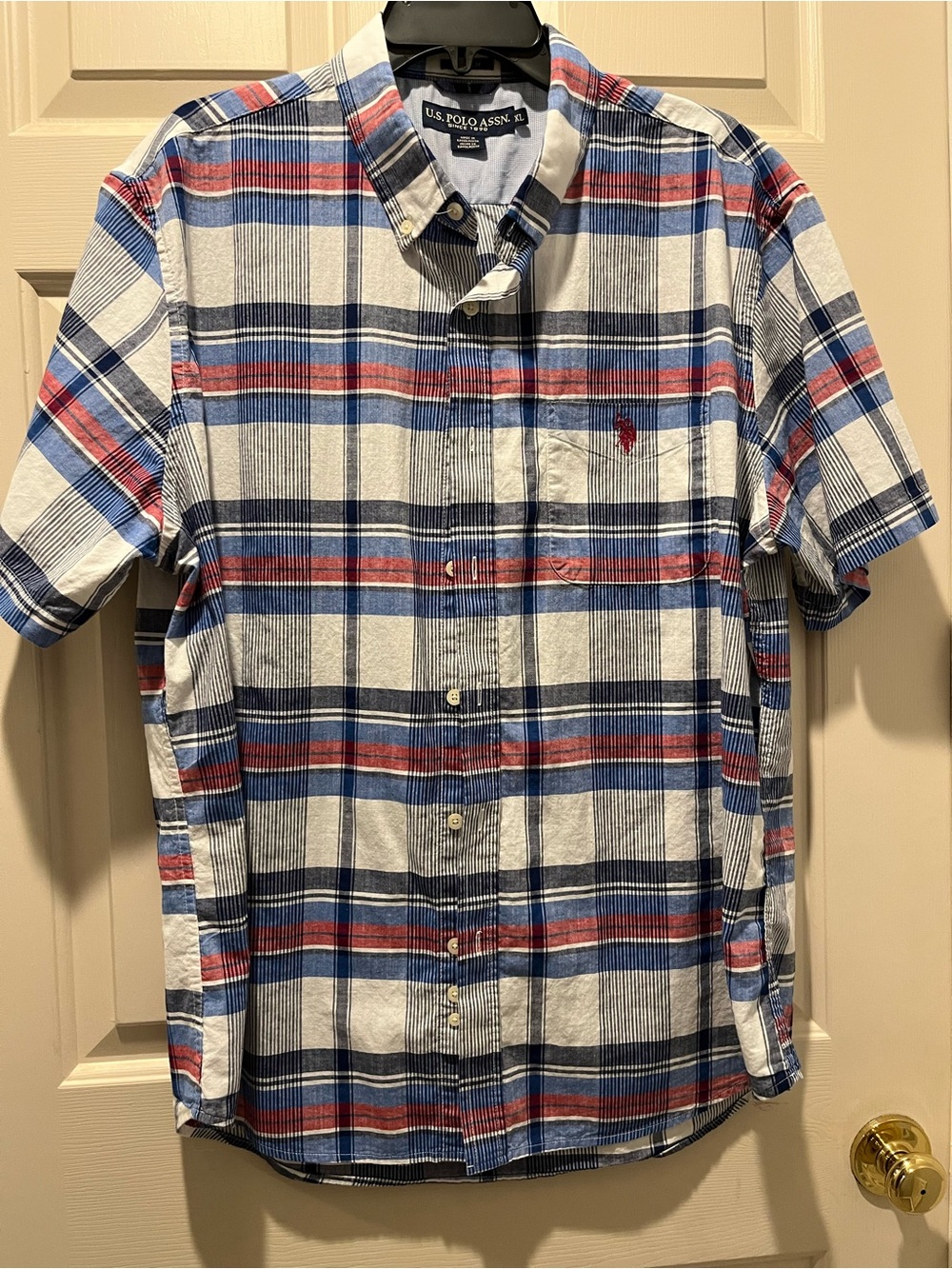 U.S. Polo Assn. Men's Short Sleeve Plaid Button-Down Shirt - Red, Blue, White